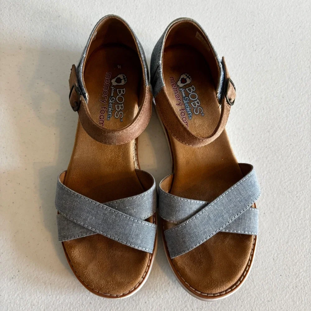 Skechers BOBS Sandals Desert Kiss Blue Denim Espadrille Wedge Womens Sz 7 Shoes
